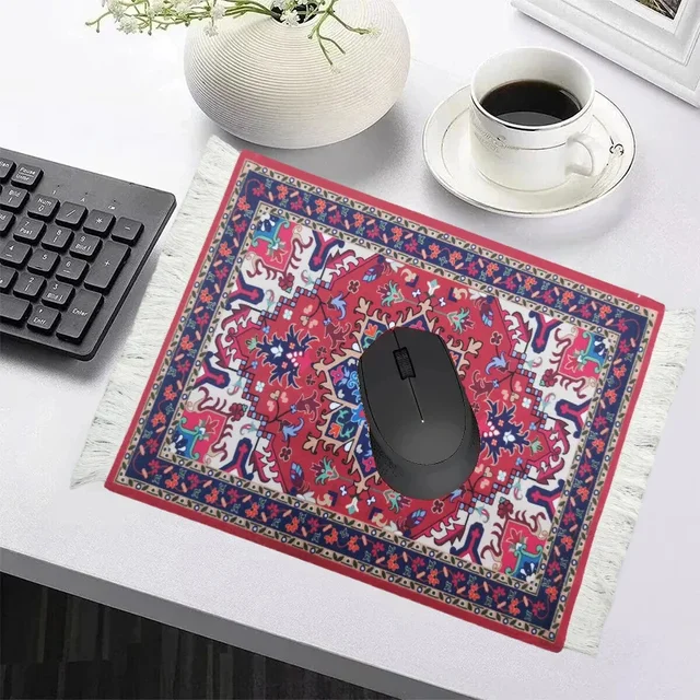 Persian Mini Woven Rug Mat Mousepad Retro Style Carpet Pattern Cup Laptop PC Mouse Pad with Fring Home Office Table Decor Craft 2