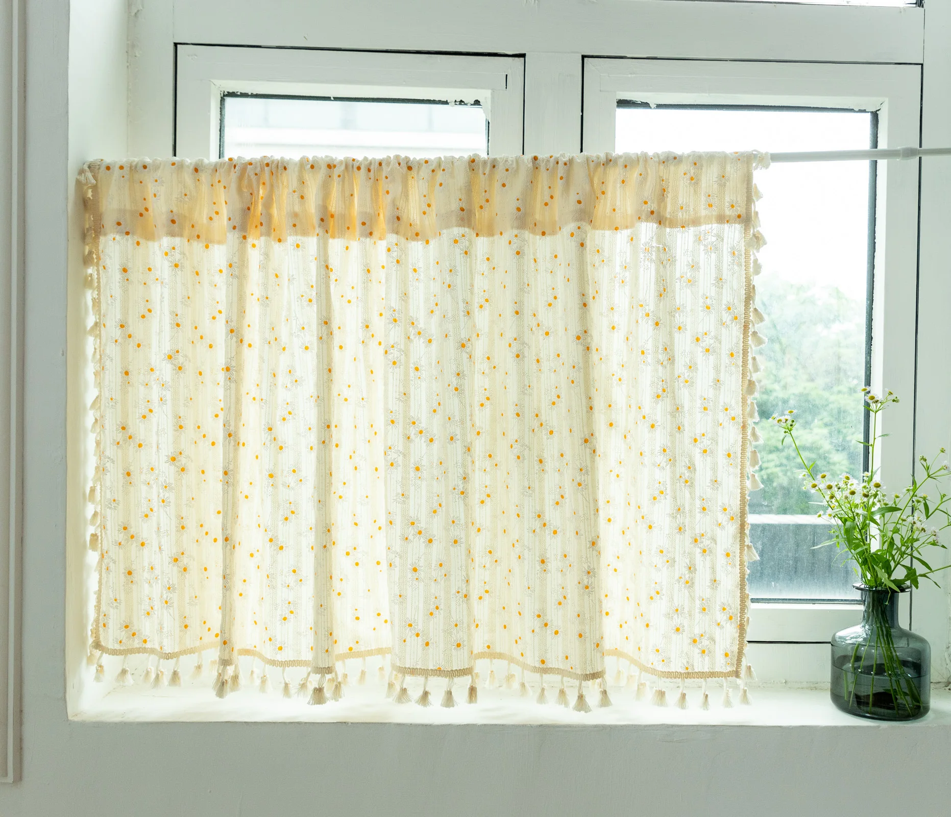Long Short Daisy Tassel Embroidered Curtains For Bedroom Floating
