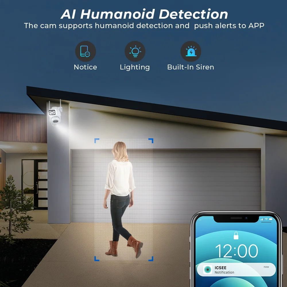 Cámara Wifi PTZ 4K de 8MP, lente Dual con pantalla Dual Ai, detección humana, seguimiento automático, cámara de vigilancia inalámbrica para exteriores, aplicación iCSee
