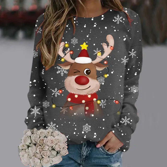 Cotton Christmas Pullover Womens & Girls Xmas Pattern Snowflakes & Reindeer Heads Full Printed Long Sleeve New Year Sweatshirt 3