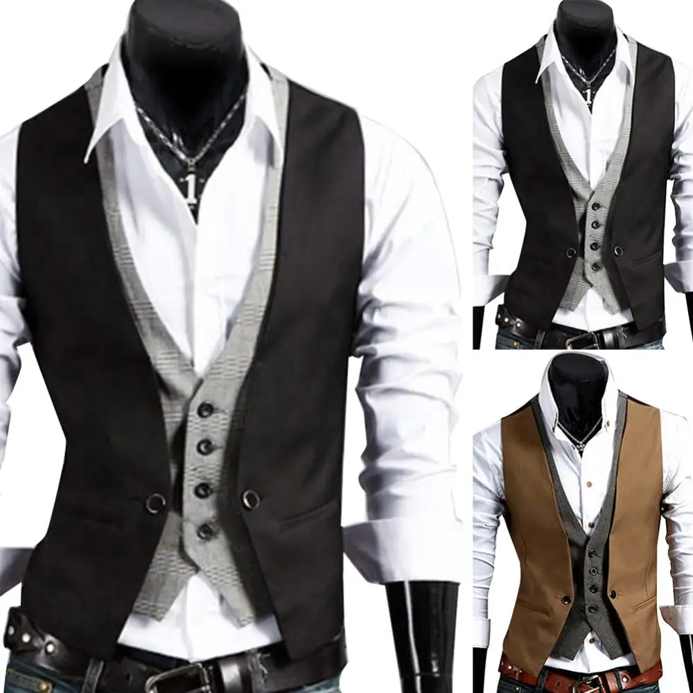 

Men Formal Waistcoat Vest Business Solid Color Single Button Vest gilet Fake Two-pieces V Neck Casual S-lim chalecos para hombre