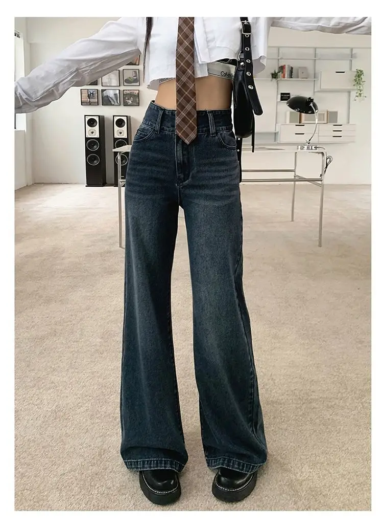 【韓国人気★RECTO】FLARED DENIM PANTS ダスティブルー High Street Long Jeans Women Ulzzang Distressed Simple Retro