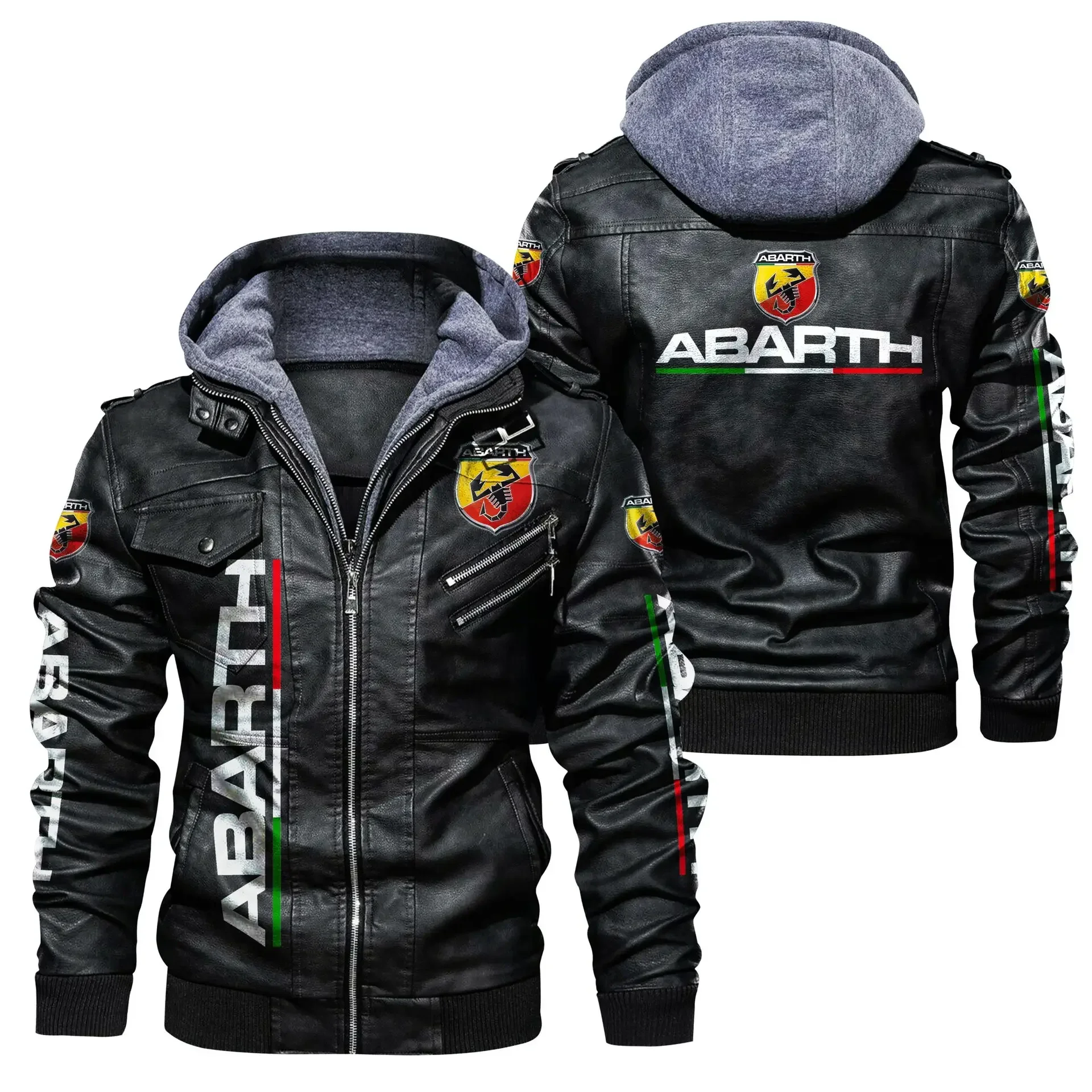 

New Winter Men's Pu Leather Abarth Logo Long Sleeve Zipper Hooded Jacket Fleece-lined Fashion Keep Warm Coat