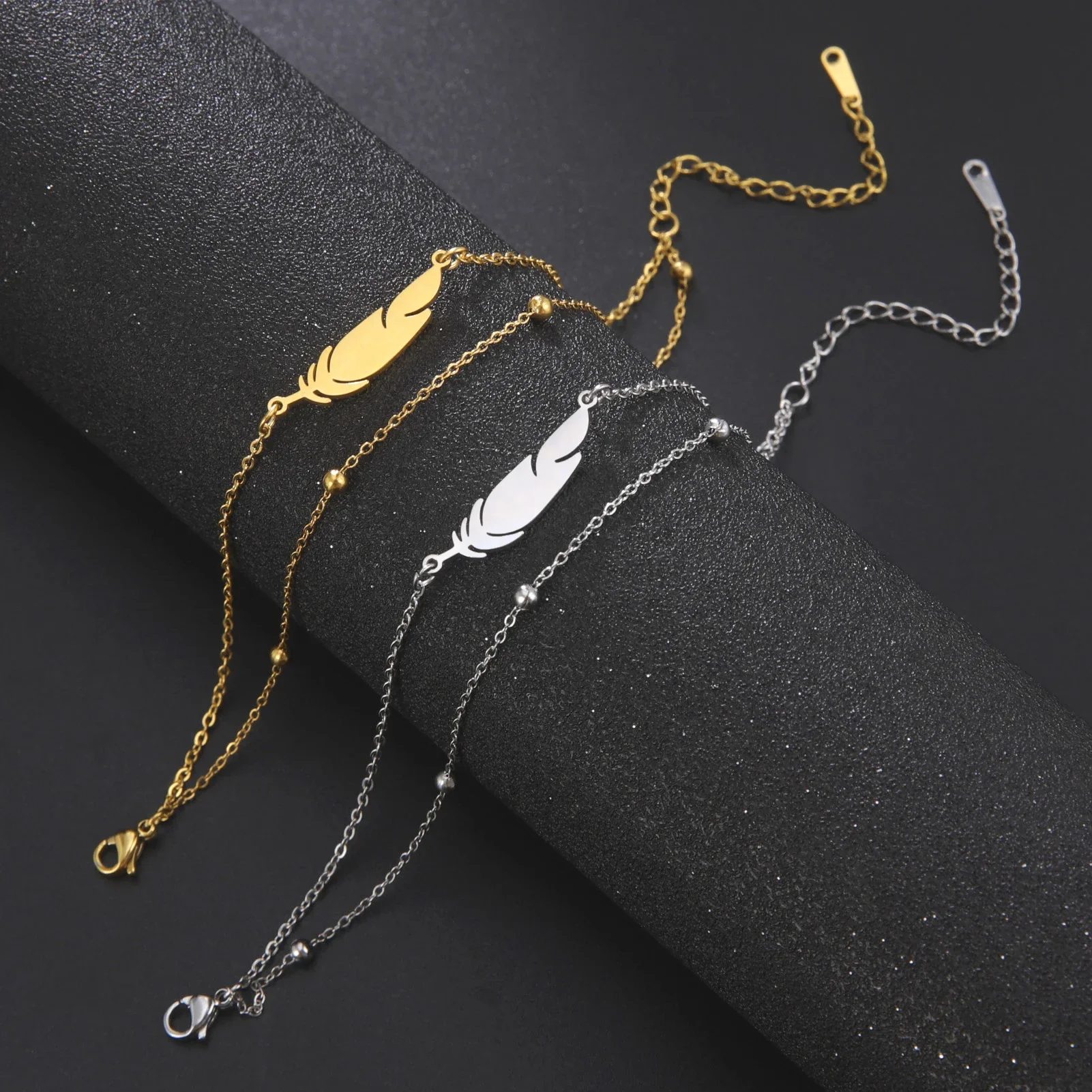 Feather Stainless Steel Bead Chain Anklet For Women Men