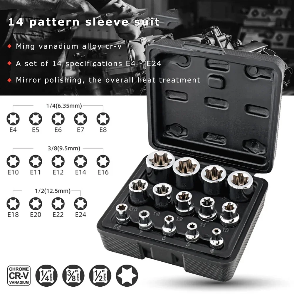 14PCS Female E Star Torx Socket Set, E4-E24 External Hex Sockets, for Auto Repair Mechanics, Durable Versatile Hand Tool Kit