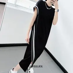 Large Size 6XL 150KG Summer O Neck Short Sleeve Striped Dress Women Long Black Dress Female Loose Split Dresses