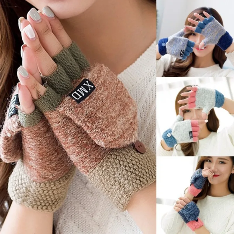 2024 Winter Warm Thickening Wool Gloves Knitted Flip Fingerless Gloves Finger Thick Gloves Without Fingers Mittens Glove Women