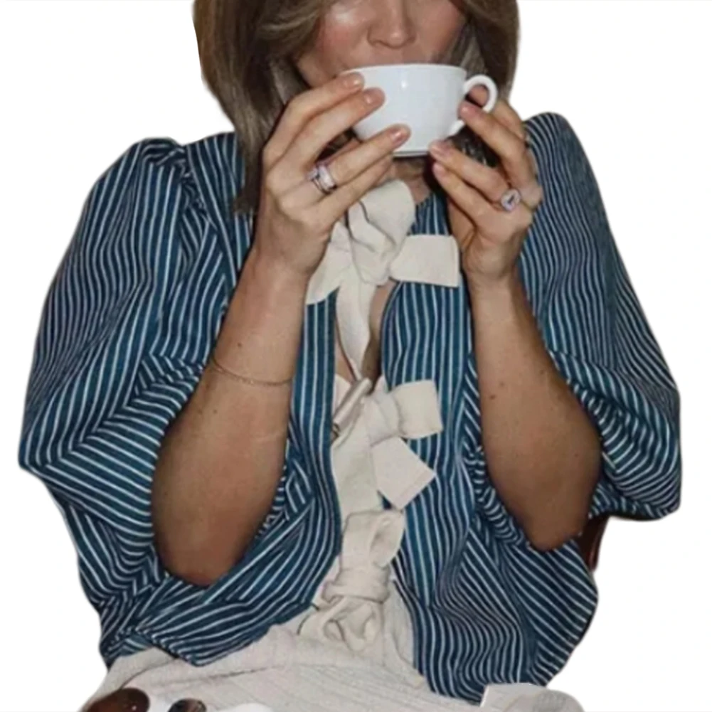 

Футболка женская Повседневная в полоску, удобный элегантный пуловер с круглым вырезом и коротким рукавом, на шнуровке, весна