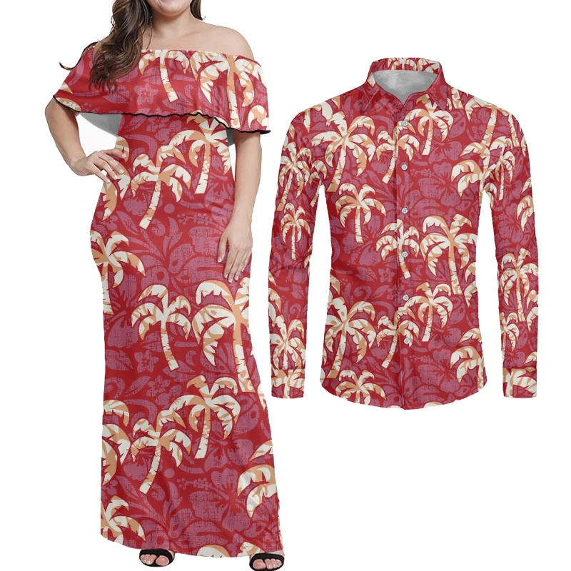 

HYCOOL Polynesian Tribal Pohnpei Totem Tattoo Blue Prints Island Couple Clothes Suits Women Dress Matching Men Shirt for Party