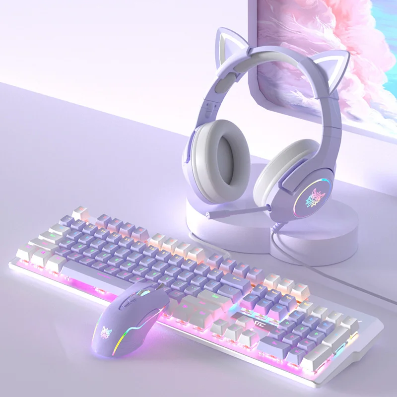 Fantasy Purple Wired Blue Switch Brown Switch 104 Key Mixed Light Mechanical Keyboard Mouse Headset Set For Laptop Desktop