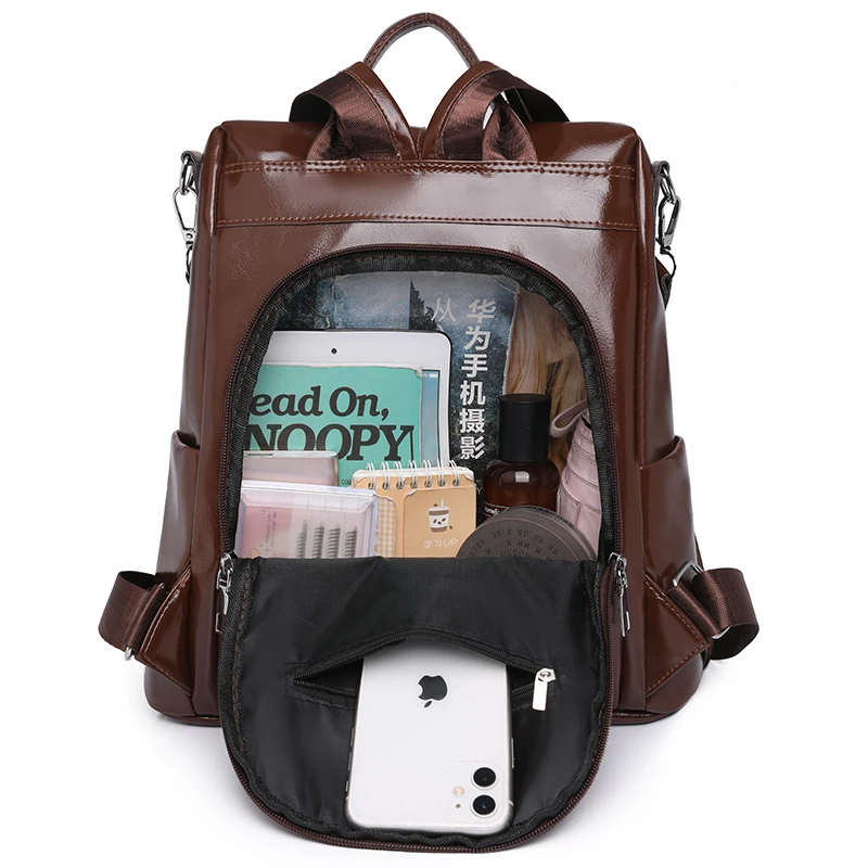 Mochila multifuncional de charol de alta calidad para mujer, bolsa