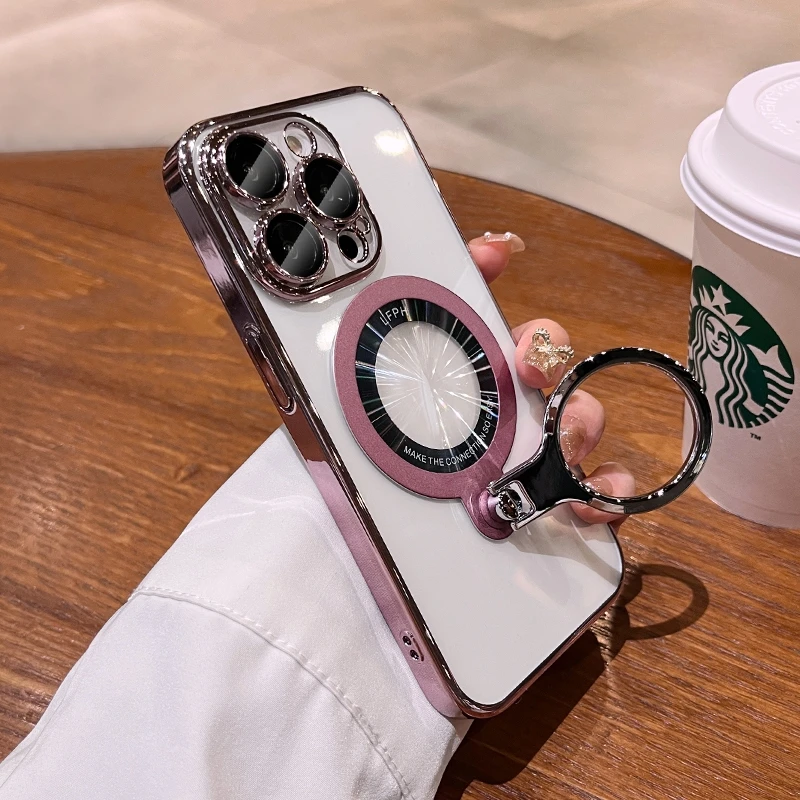 thumbnail image 1 of Luxury Ring Holder Bracket Magsafe Case for iPhone 15 13 14 12 Pro Max iPhone 11 Transparent Hard Acrylic PC Cover for iPhone 15, 1 of 5