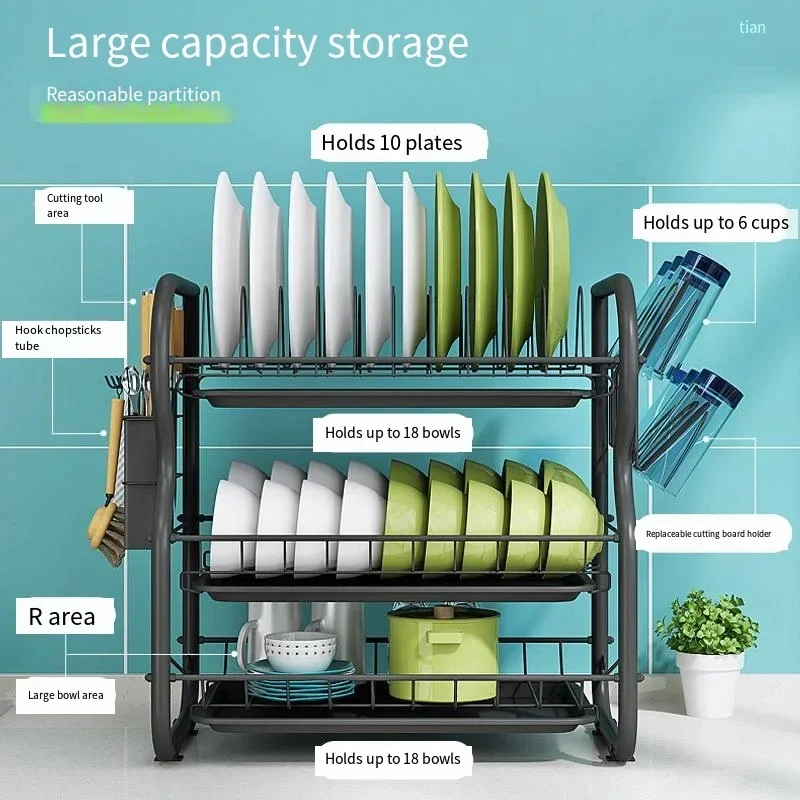 

3 Tiers Dish Drainer Stainless Steel Drying Rack Bowl Dish Draining Shelf Dryer Tray Holder Kitchen Organizer