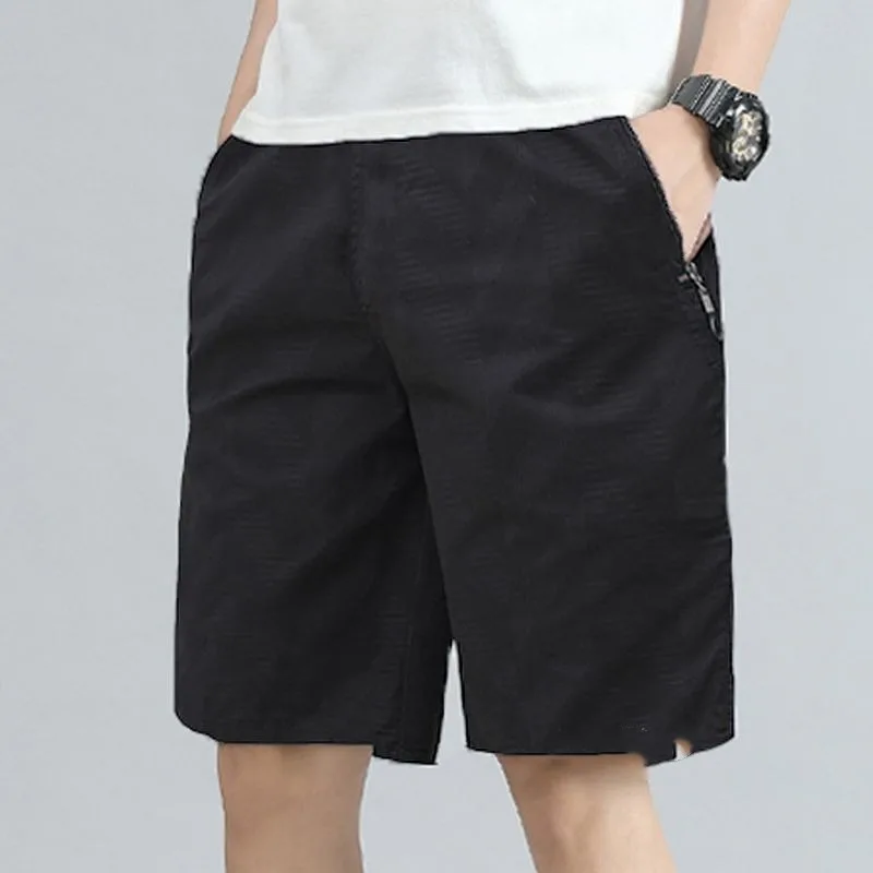Minimalist and Fashion Korean Summer Pinstripe Geometric Men's Elastic Waist Zipper Pocket Casual Loose Knee Length Shorts