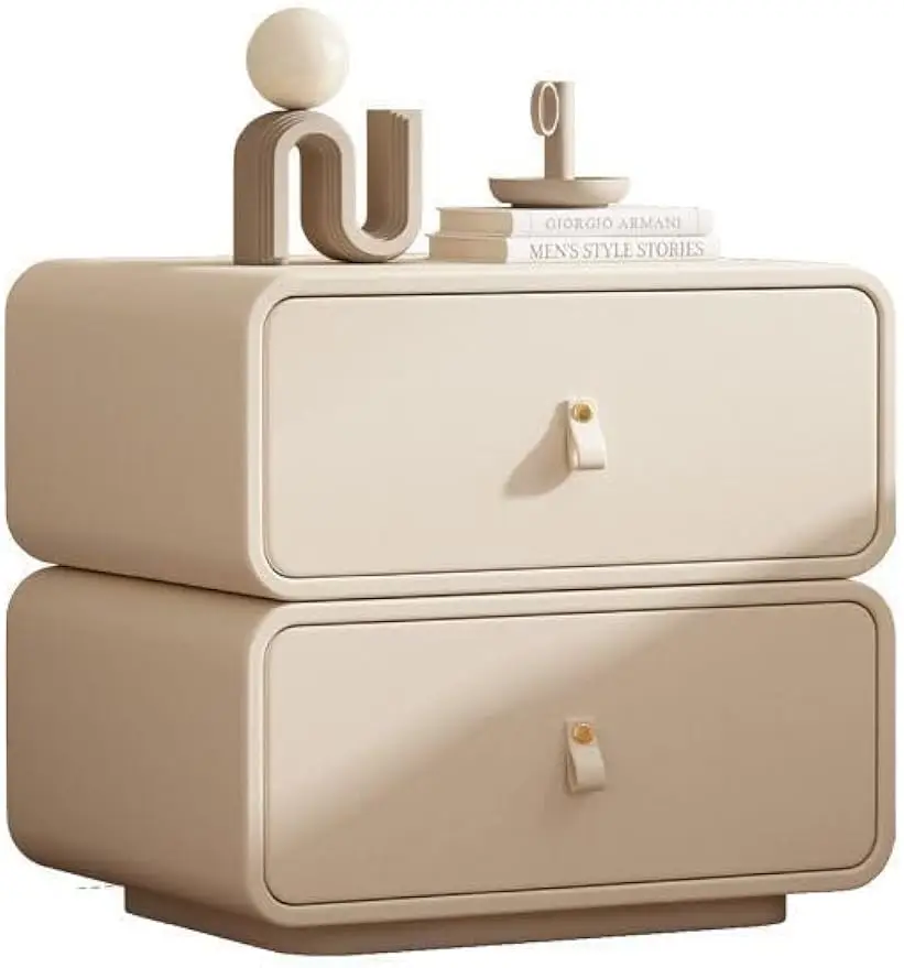 Solid Wood Nightstand, Leather Cream Style Bedside Table with 2 Drawer, Rounded Corner Storage Cabinet No Installation Required
