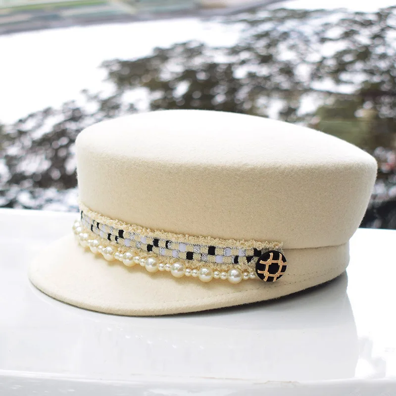 

202309-2508373 ins chic winter japan designer wool felt tweed pearl ribbon leisure newsboy Octagonal hat women visors cap