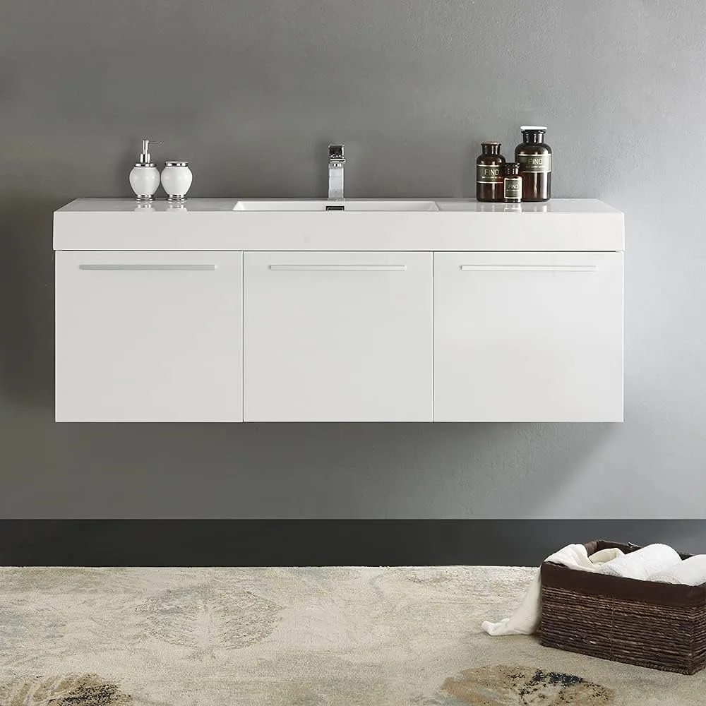 60 Inch White Wall Hung Modern Double Bathroom Vanity - Includes Integrated White Sink with 3 Cabinets - Faucet Not Included 5