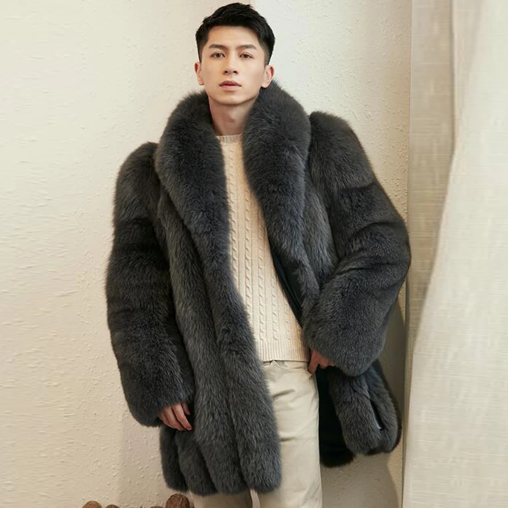 Denny&Dora Men's Fox Fur Coat Men's Long Coat Men's Winter Warm