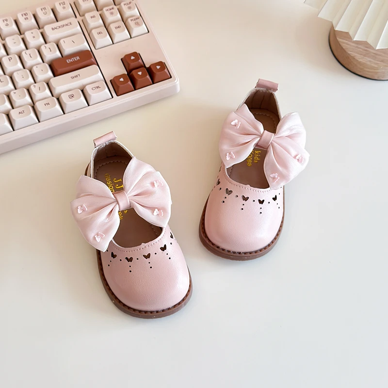 Little Girl's Leather Shoes Cut-outs Bowtie Pu Leather Shallow Kids Mary Janes Round Toe Children Shoes 21-30
