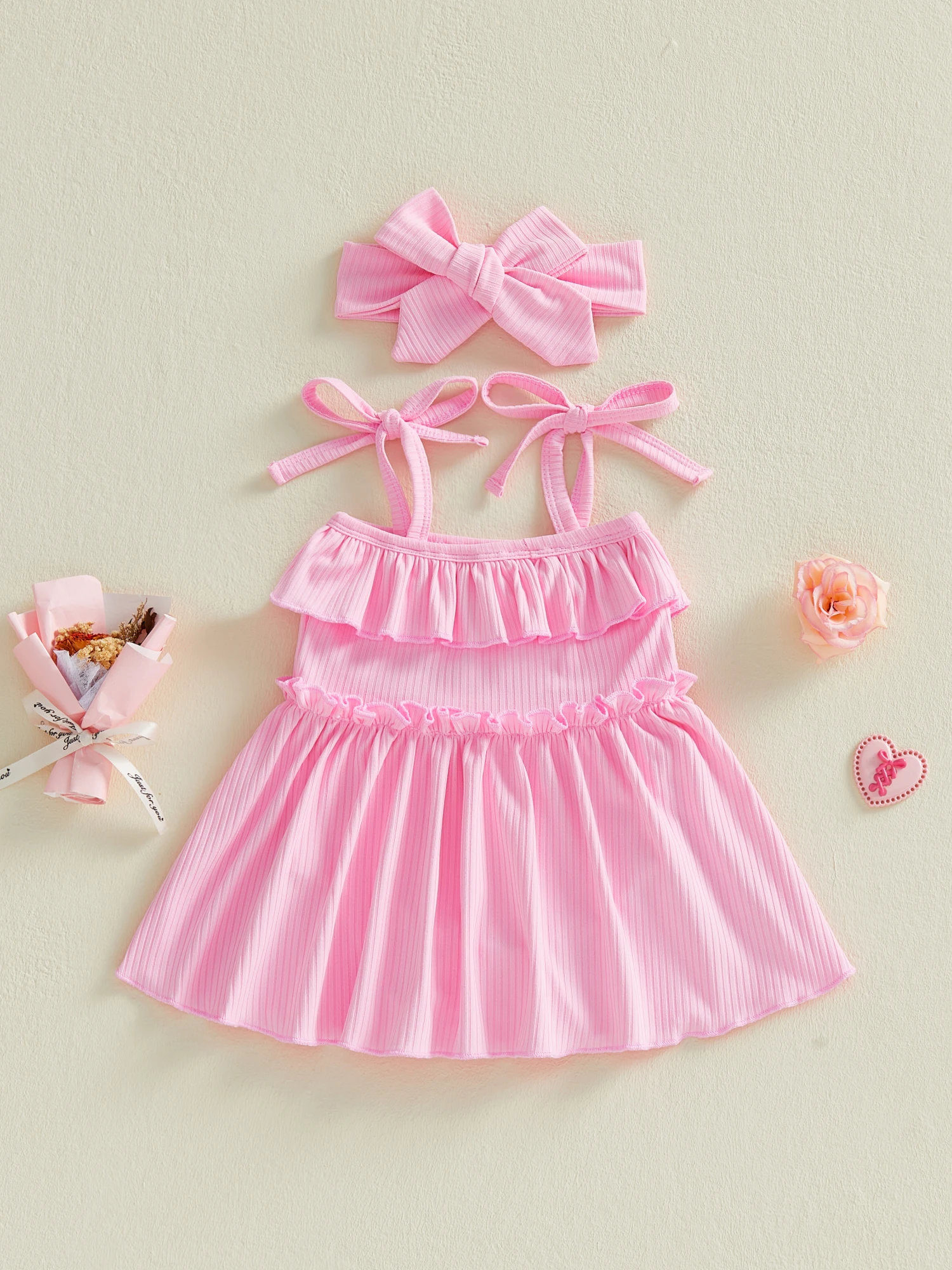 Adorable Baby Girl Pink Floral Print Sleeveless Romper Dress with Matching Bow Headband Set for Summer Fun