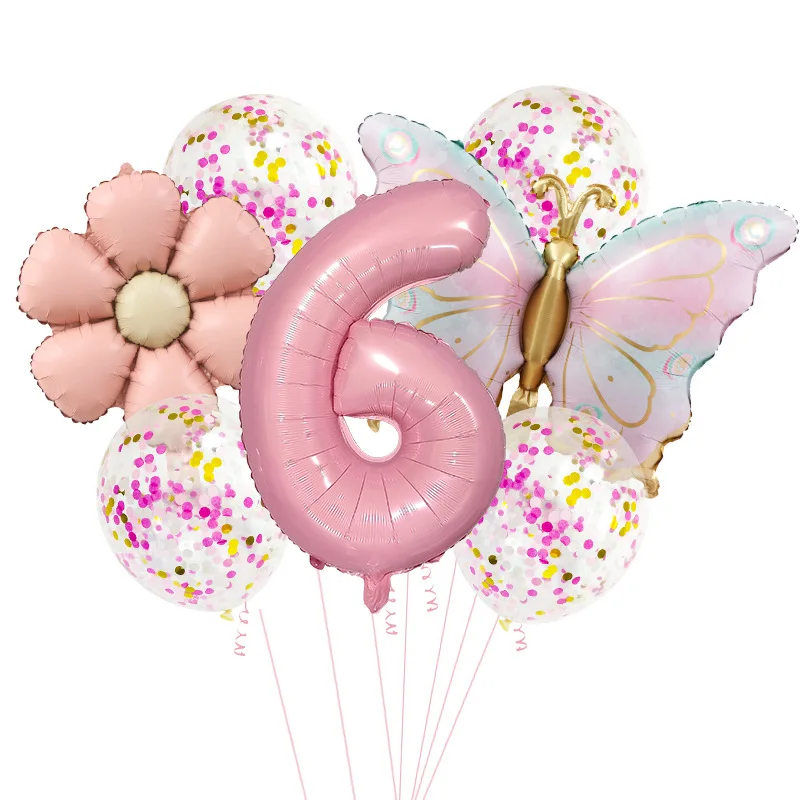 9-teiliges mattes Gänseblümchen-Rosa-Schmetterlings-Konfetti-Luftballons-Set, Latex-Dekoration für Geburtstagsfeier, Karnevalsveranstaltung, Kindertag – Detail 8