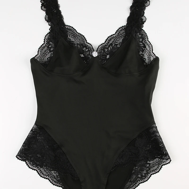 Black Backless Sleeveless V Neck Skinny Sexy Tank Bodysuit Women Lace Patchwork Elegant Rave Bodys Camisole