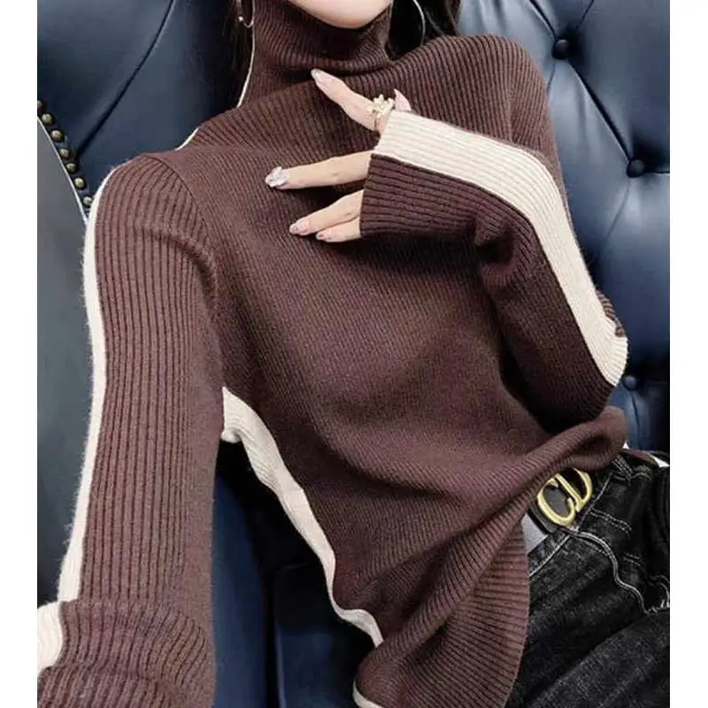 Autumn and Winter Women's Pullover High Neck Long Sleeve Contrast Stripe Shirring Slim Fit Fashion Casual Knit Bottom Tops