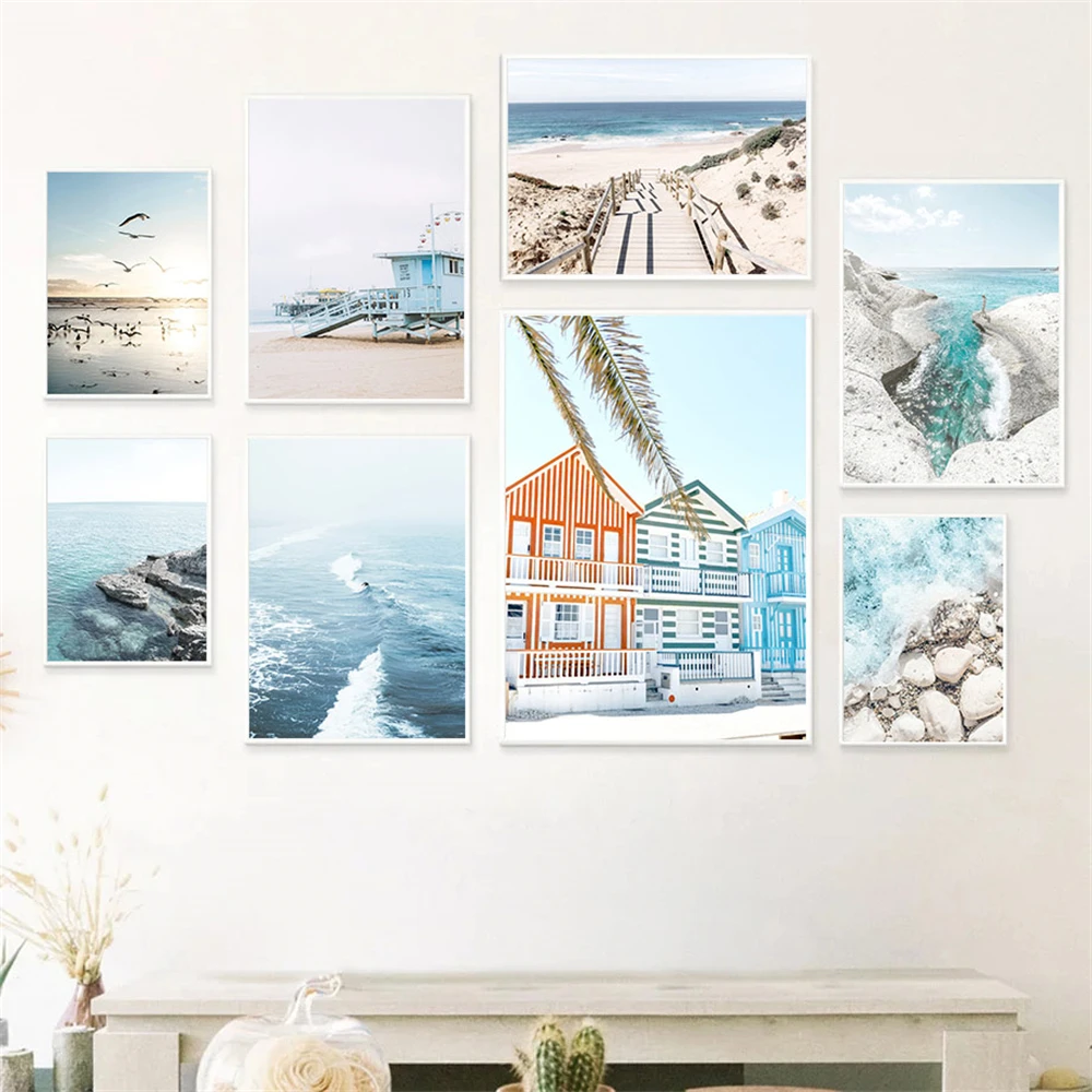 

Blue Sea Surf Canvas Art Poster Palm Leaf Summer Seascape Print Pictures Seagull Wall Painting Nordic Posters Living Room Decor