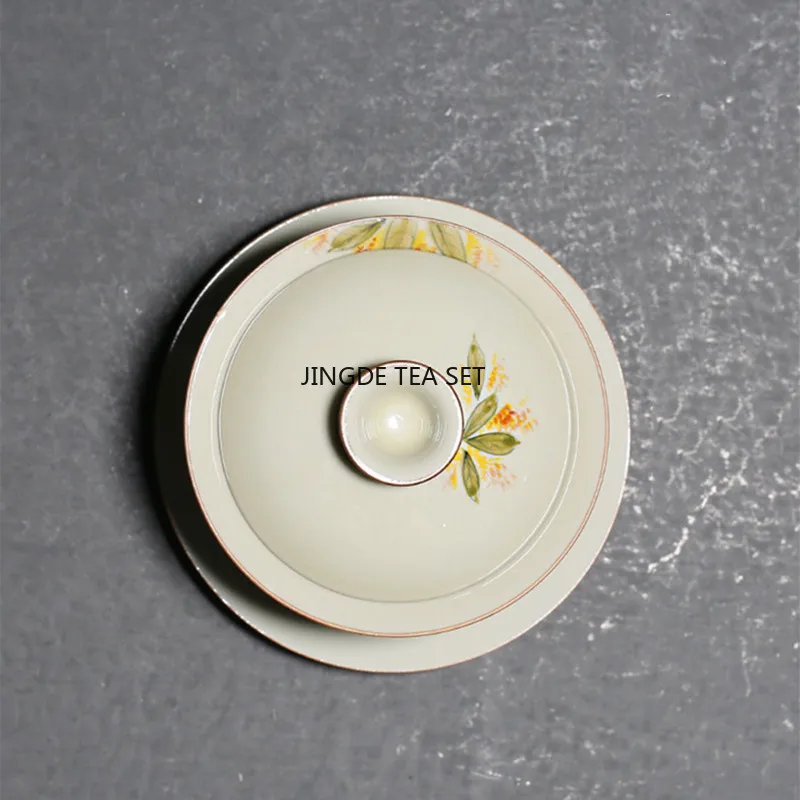 100ml Chinese handmade ceramic lid bowl tea cup hand-painted osmanthus pattern travel tea bowl