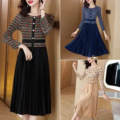 

Mike Pleated Dress2024 New Silk Plaid Printed Long sleeved O-neck Printed A-line Dress Women's Loose Large Size Slimming Dress