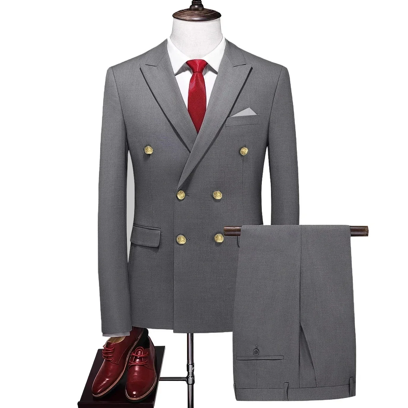 2 Pcs Set Gold Button Blazers Jacket Pants / Fashion Men's Casual Boutique Business Solid Color Suit Coat Trousers mens suit