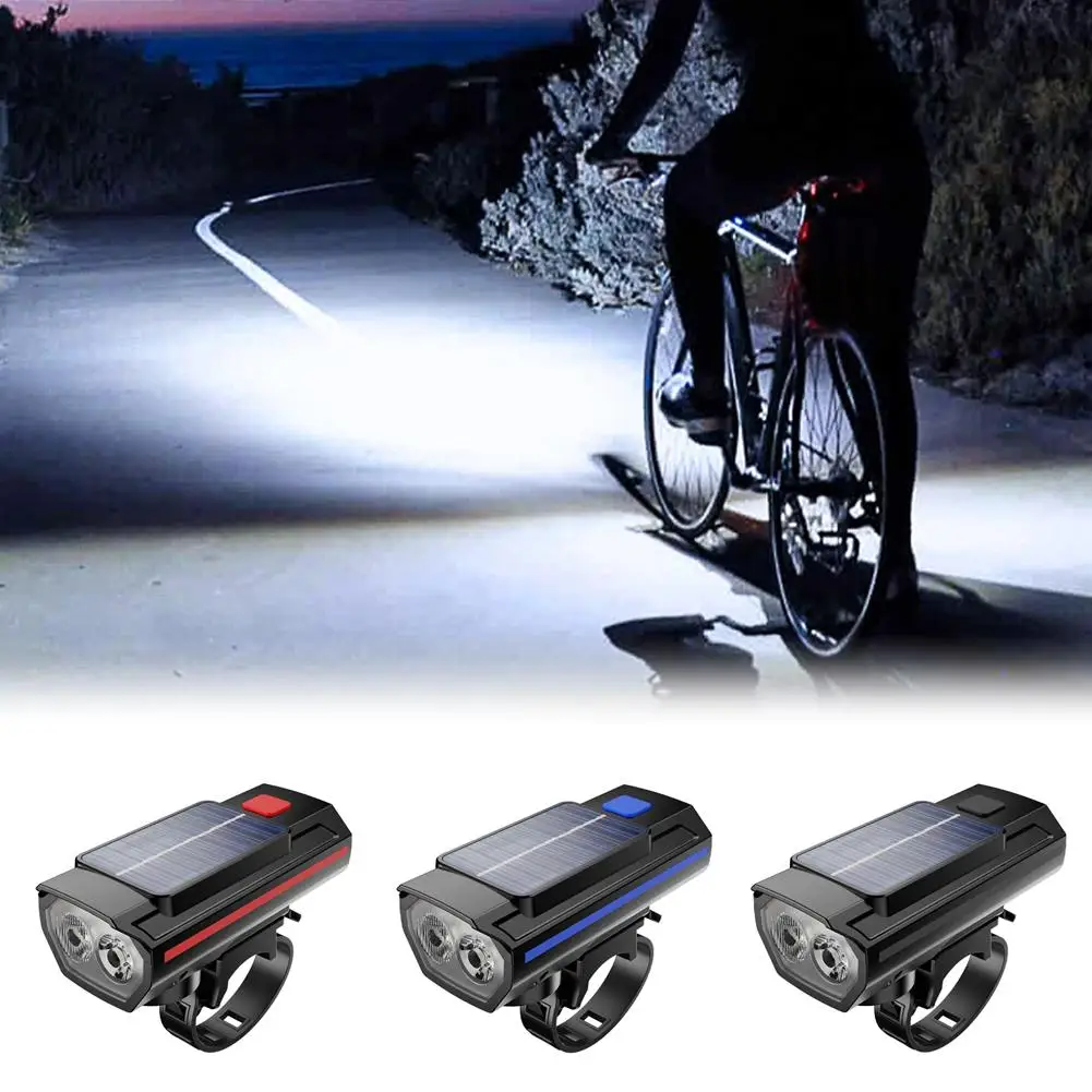 

Solar Bike Front Lamp with Horn Dual Lamp Beads Super Waterproof Brighteness Night Cycling Headlight Bicycle Safety Warning D0I4