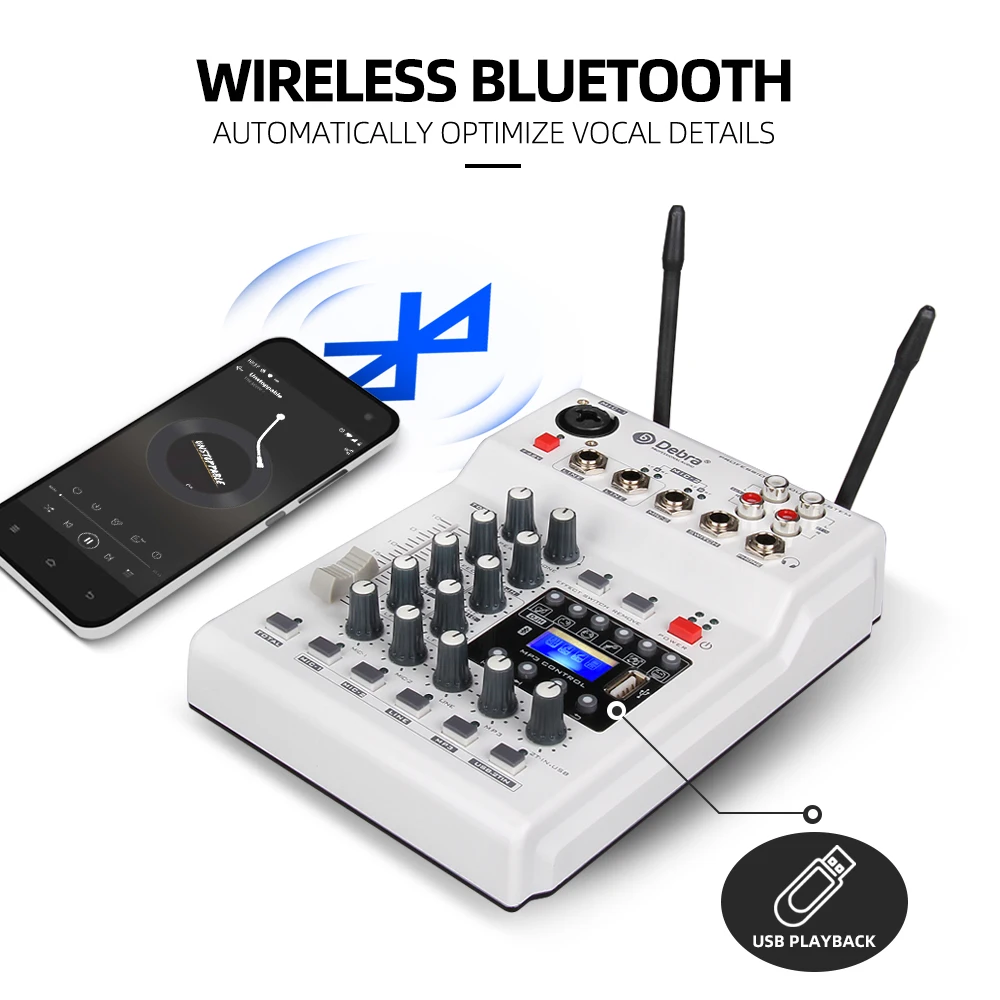 Audio MM-02  DJ Mixer Console With UHF 2  Wireless Microphones with 48V Phantom