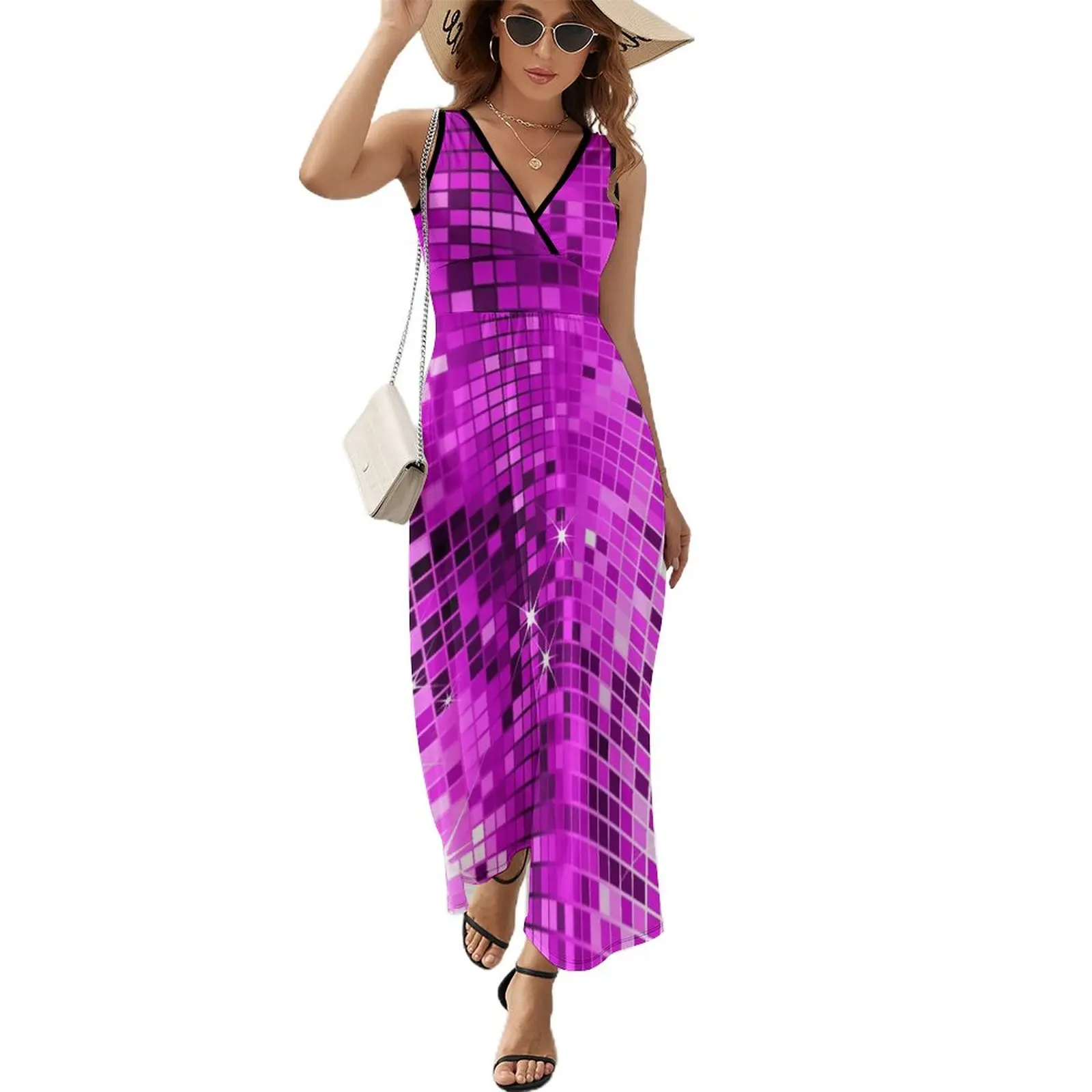 

Image of Metallic Pink Sequins Look-Disco Ball Pattern Sleeveless Dress women's dresses luxury Women's clothing