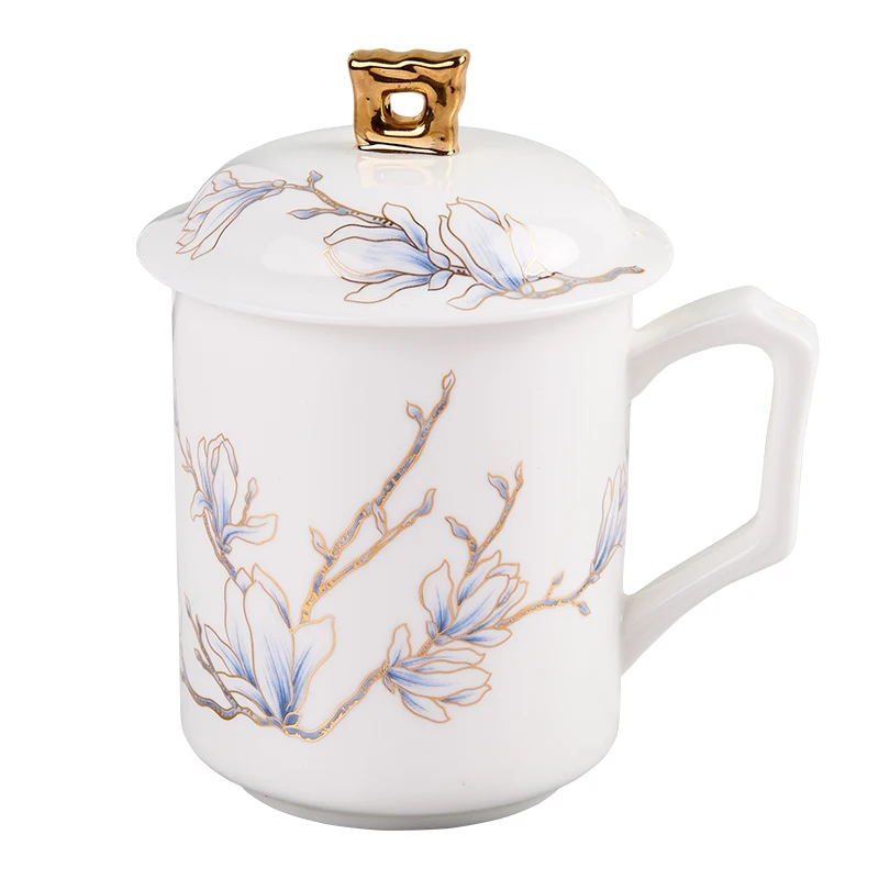 Chinese Style Ceramic With Cover White Porcelain Personal Tea Mugs, Personal Creative Floral Pattern, Milk Water Cup, 400ml, 1Pc