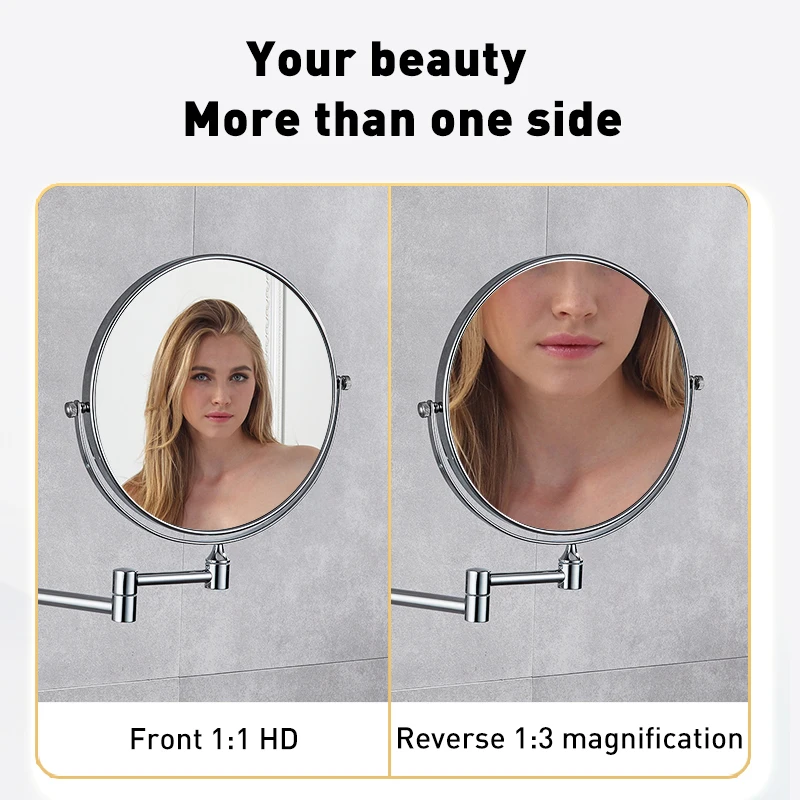 Bathroom Makeup Mirror Folding 2-Face Double Bath Cosmetic Mirror 8 inch Wall Mounted 360 Degree Telescopic Round Mirror 2
