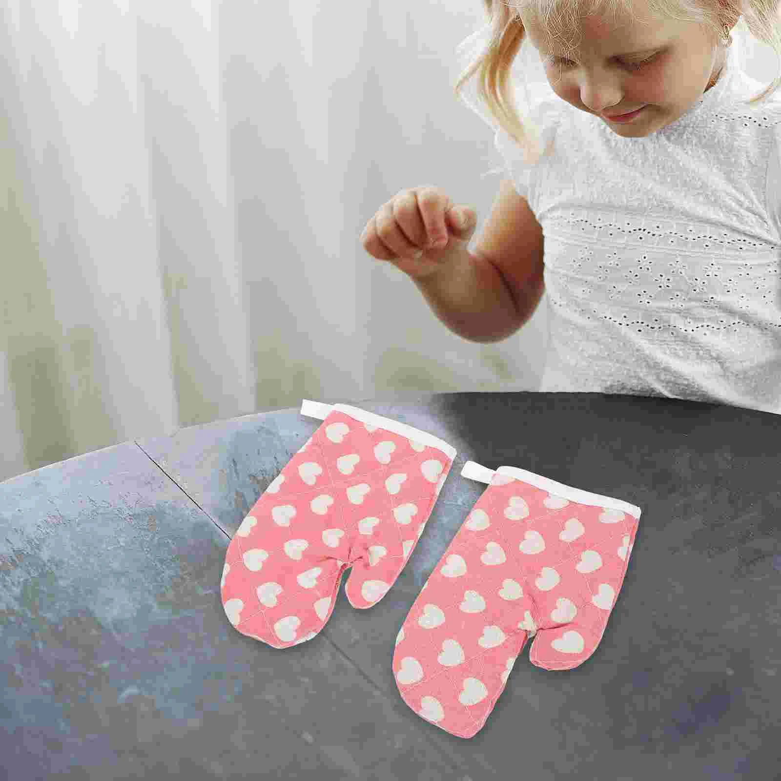 Kids Oven Mitts Heat Insulation Anti Scald Small Cooking Gloves Cotton Kitchen Mittens Baking Tools Children Cooking Mitts 2 Pcs