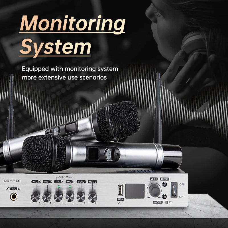 EALSEM HD1 UHF 다기능 무선 마이크, USB 2.1, 블루투스 MP3 녹음, 에코 음악 100 계량기, 640-690MHz, 4 채널