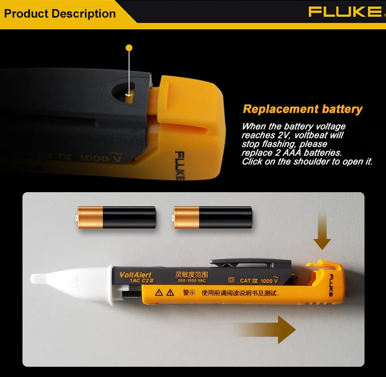 FLUKE-Sensor VoltAlert Sem Contato, Testador Elétrico AC, Caneta Detector, 1AC-C2 II, 200 ~ 1000V