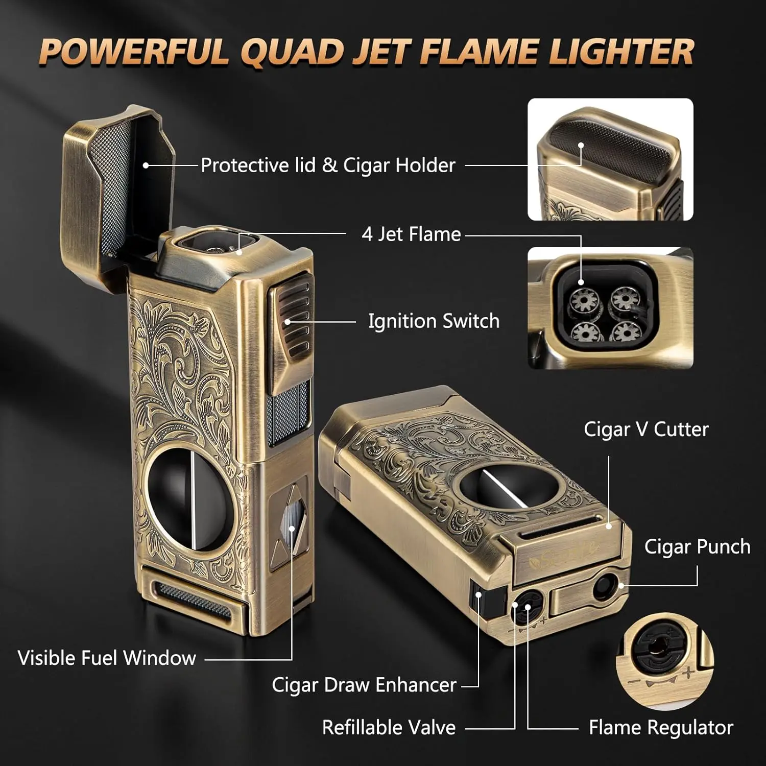 Cigar Lighter 4 Jet Flame Refillable Butane Lighter with Cigar Cutter V Cut Punch Holder Draw Enhancer butane gas lighter