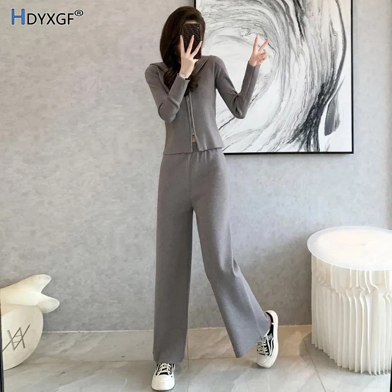 

Fashion Zip-up Hooded Long Sleeve Knitting Sweater+high Waist Slimming Wide Leg Pant Ladies Two Piece Sets Elegance Chic Outfits