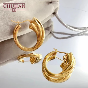 CHUHAN Real 18K Gold Vintage Style Twisted Circle Earrings Woman Au750 Luxury 18 Karat Drop Earring Fine Jewelry Gift For Wife 1