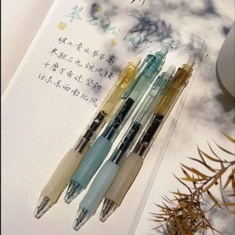 Kaco KEYBO Gel Ink Pen Set, 4pcs Bamboo Pattern Plastic Transparent Holder Soft Grip Aesthetic Pens, Taking Notes Dairy Writing 4