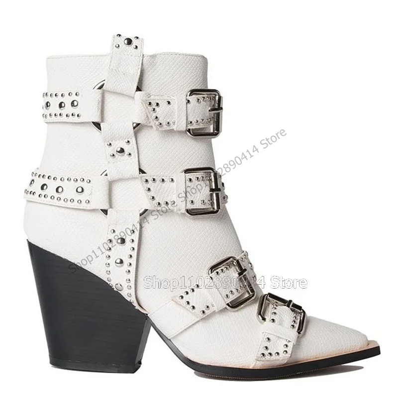 

White Belt Fastener Decor Pointed Toe Ankle Boots Side Zipper Women Shoes Chunky High Heels New Fashion 2023 Zapatos Para Mujere
