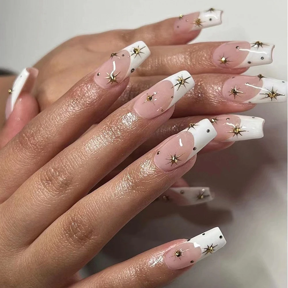 24pcs French White Edge Wearing Manicure Finished Rhinestone Starburst  Removable Fake Nails Full Cover Ballerina False Nails - False Nails -  AliExpress