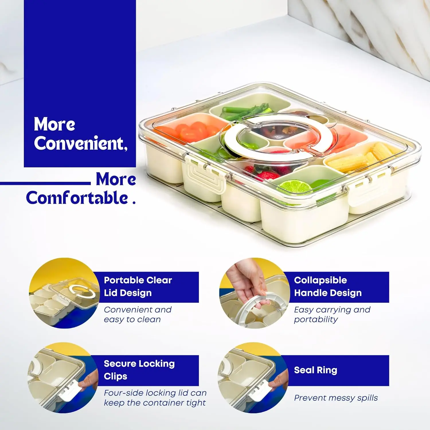 Portable Snackle Box Container  Divided Serving Tray with Lid and Handle Clear Snack Box Organizer for Fruits Candy, Snacks 6