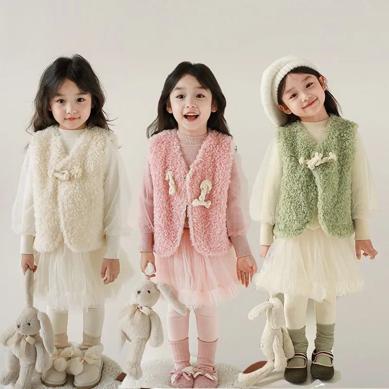 

Girls Vest Autumn Winter New Girls Sleeveless Hooded Fresh Plush Vest Jacket Kids Velvet Thickening Warm Vest Outwear Clothes