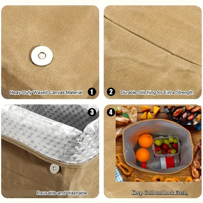Reusable Aluminum Foil Insulated Cooler Bag, Bento Style Outdoor Camping Essentials Durable 8A Oil Wax Canvas Lunch Bag Food Bag