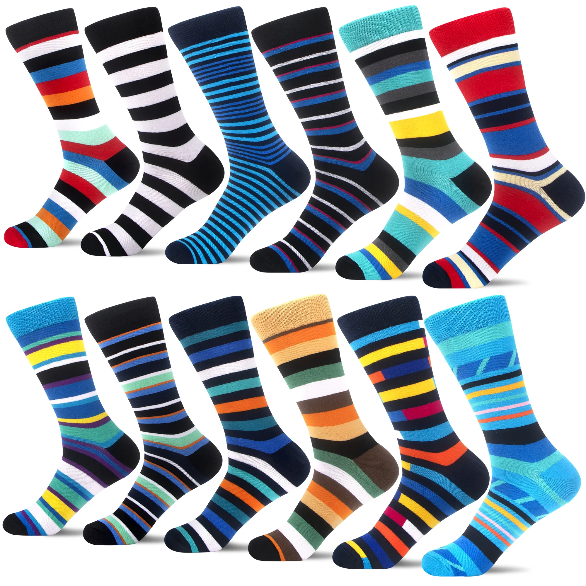 

Men's Colorful Casual Striped Patterns Cotton Crew Socks - 12 Pack