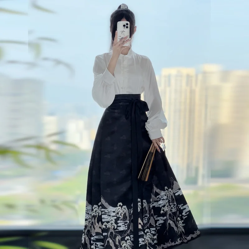 Hanfu Ming Dynasty Horse Face Skirt Women Pleats Skirt Black Blue